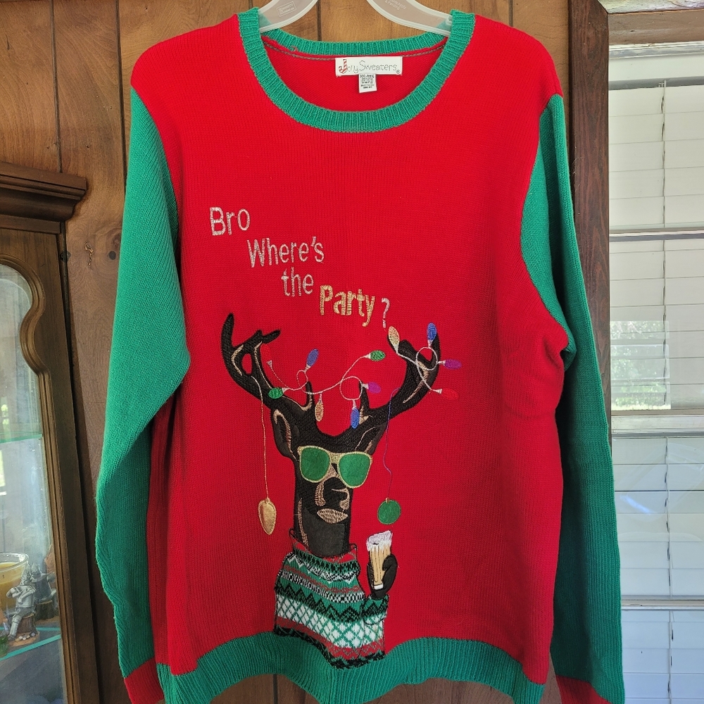 Party Reindeer Ugly Sweater Red Green Holidays Knit
